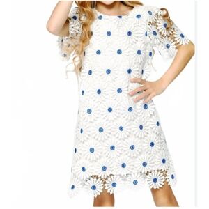 Hannah‎ Banana Girls Dress White Blue Floral Lace Puff Sleeve Party sz 12